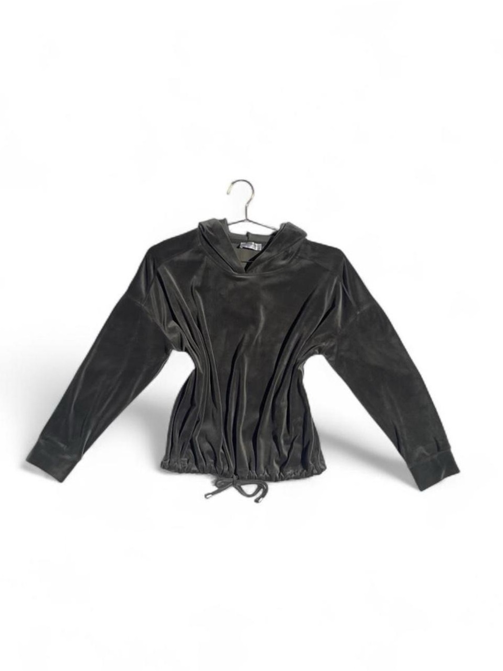 Cable & Gauge Studio Olive Velour Hooded Top Cozy Drawstring Pullover S